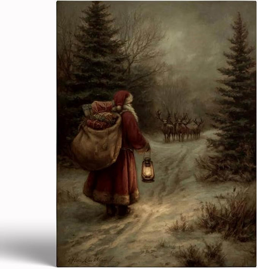 Old World Santa and Reindeer Wall Art,Vintage Christmas Portraits Painting,Cozy Winter Wall Decor,Antique Christmas Print,Holiday Artwork