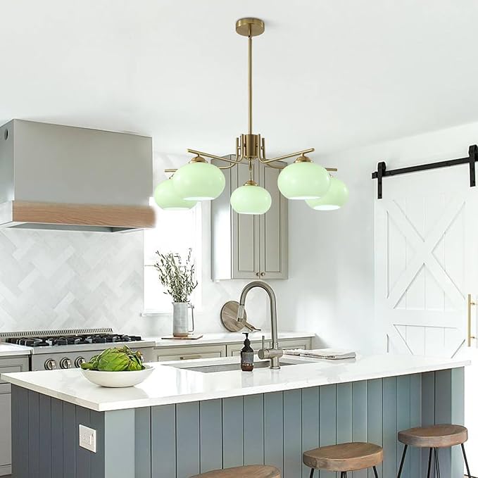 KCO Lighting Green Glass Pendant Light 5 Light Large Globe Chandelier Brushed Brass Sputnik Chandelier Mid Century Modern Chandelier Light Fixture for Dining Room Bedroom