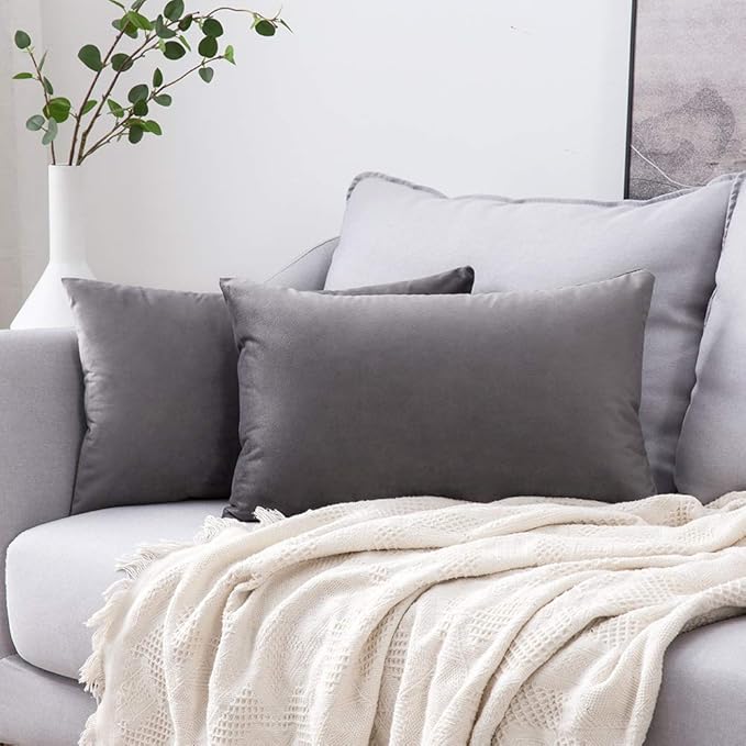MIULEE Pack of 2 Velvet Pillow Covers Decorative Square Pillowcase Soft Solid Cushion Case for Sofa Bedroom Car 12 x 20 Inch Dark Grey