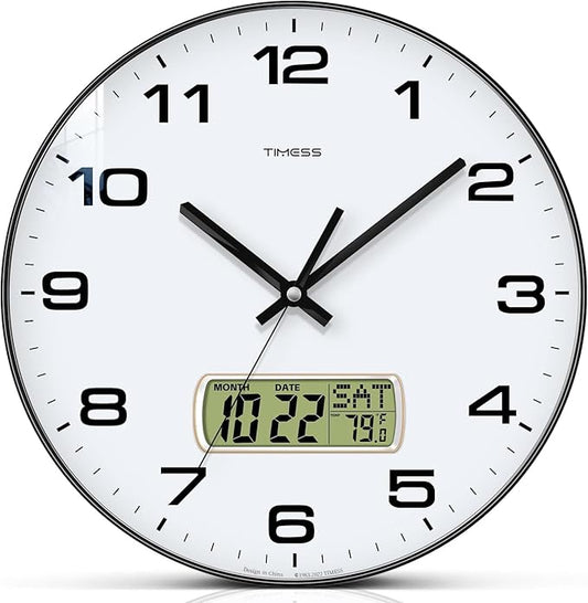 Wall Clock, 13" Dial Non-Ticking Silent Battery Operated Analog with LCD Display for Perpetual Calendar and F° Temperature, Ideal Modern Home, Bedroom, Kitchen, Office Decor(Black)