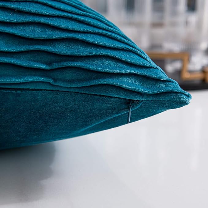 Turquoise Throw Pillow Cases 20x20: 2 Pack Inch Original Striped Velvet Square Decorative Pillow Covers for Farmhouse Couch