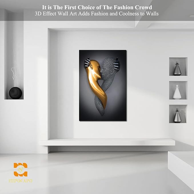 3D Metal Effect Wall Art - 3D Metal Art Wall, Modern Abstract Hug Lovers Painting Picture Poster Prints for Bathroom, Romantic Couple Living Room Canvas Wall Art Framed 32”x48”x1Pcs