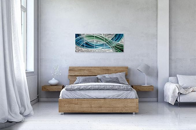 Yihui Arts Abstract Metal Wall Art - Hand Crafted 5 Pieces Panels Large Big Blue Teal Silver Unique 3D Aluminum Modern Contemporary Home Accent