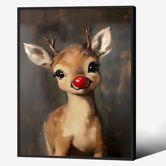 Christmas Reindeer Wall Art Winter Cute Whimsical Animal Canvas Poster 08x10 inch Black Framed Vintage Red Nose Deer Painting Prints for Rustic Living Room Bedroom Wall Decor