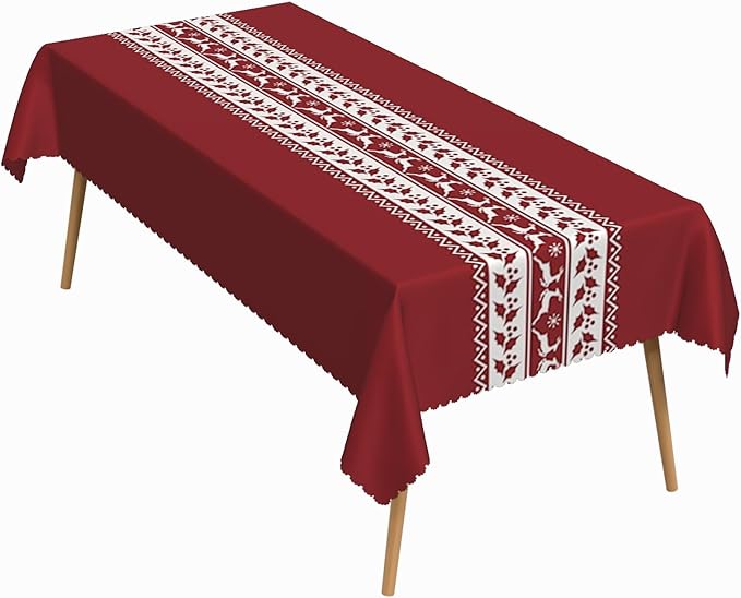 54x108 Inch Christmas Theme Rectangle Tablecloth Reindeer Berries Nordic Xmas Knitting Table Cloth Washable Durable Table Cover for Kitchen Dining Banquet Ugly Christmas Sweater Party Decor