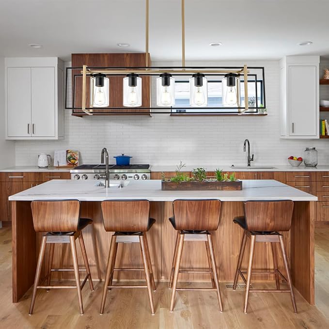 5-Light Farmhouse Chandelier Black and Brass Island Pendant Light Fixture with Clear Glass Shades, Rectangular Hanging Lighting for Kitchen or Dining Room