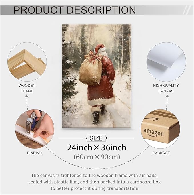 Santa Claus in Winter Forest Poster Vintage Christmas Holiday Canvas Wall Art 24x36 inch Framed Cozy Nature Christmas Tree Oil Painting Prints for Cottagecore Bedroom Wall Decor