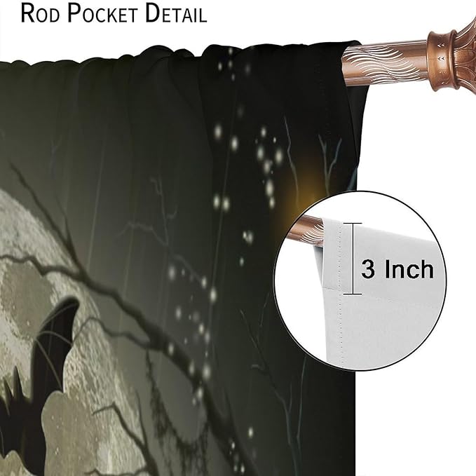 Gothic Halloween Full Moon Blackout Curtains, Gothic Halloween Night Black Bat Crow Print Window Drapes, for Kids Boys Bedroom Living Room 21(W)*63(L) 2 Panels