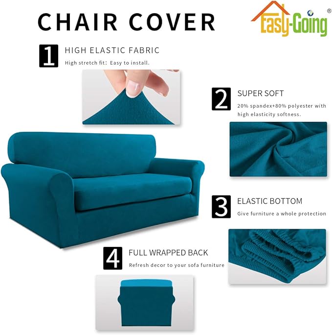 Easy-Going 2 Pieces Microfiber Stretch Sofa Slipcover – Spandex Soft Fitted Sofa Couch Cover, Washable Furniture Protector with Elastic Bottom Kids, Pet (Loveseat, Peacock Blue)