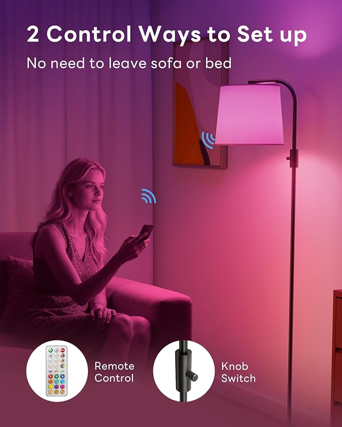 Dimmable Arc Floor Lamp, 1200 Lumens RGBCW Color Change Bulb Included, Standing Lamp with Linen Shade, 65" Tall Lamp with Remote for Living Room, Bedroom, Office, Dining Room, Kitchen, Black