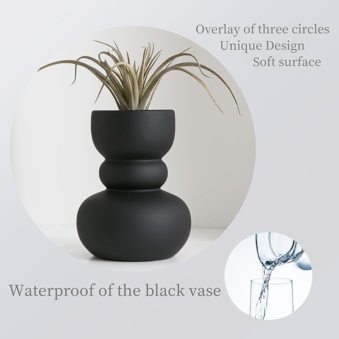 Black Ceramic Vase, Modern Dried Flower Vase, Matte Black Pampas Flower Vases, Boho Home Decor for Centerpiece Wedding Dinner Table Party Living Room Office Bedroom, Housewarming Gift