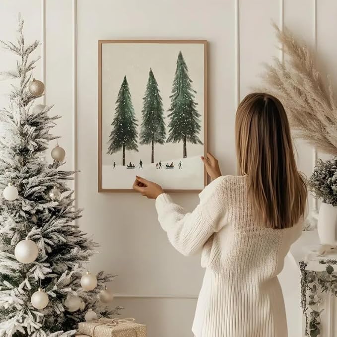 OZCONO Minimalist Winter Wall Art, Whimsy Forest Scene for Holiday Home Decor, Beige Tone Christmas Wall Decor, Neutral Snowy Tree Noel Art (Unframed) (27x40)