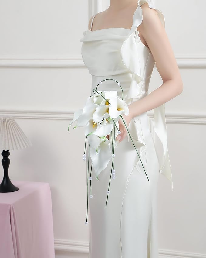 Bridal Bouquet:9 Stems White Calla Lily Pearl Bouquet EVA Real Touch-Wedding Bouquet for Bride/Bridesmaid