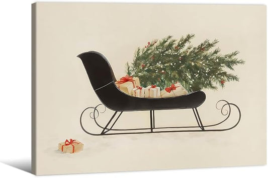 Winter Holiday Sleigh Canvas Wall Art Vintage Christmas Tree Poster Retro Botanical Pine Tree Sketch Painting Prints 12x16 inch Framed for Living Room Bedroom Wall Decor