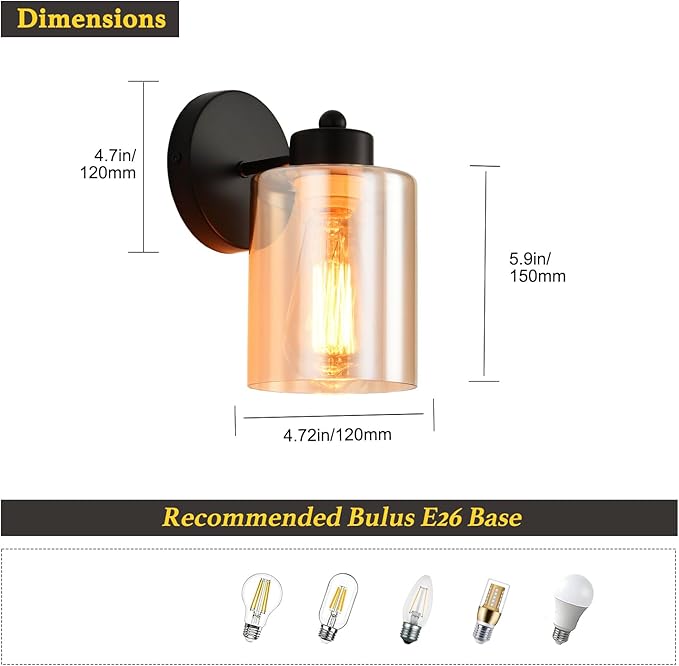 Metal Sconces Wall Lighting with Clear Glass Shade,Bathroom Black Vanity Light Matte Black Wall Sconce, Matte Black Vanity Lights for Bathroom, Modern Wall Light Fixtures