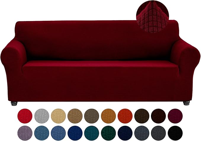 Joccun Stretch Couch Cover Slipcovers, 1-Piece Sofa Covers for 3 Cushion Couch Spandex Jacquard Washable Furniture Protector Cover for Living Room,Kids,Pets(Sofa,Red Dahlia)