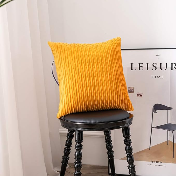 Fall Golden Yellow Couch Pillow Covers: 2 Pack 20x20 Inch Original Striped Velvet Square Throw Pillow Cases for Farmhouse Home Decor