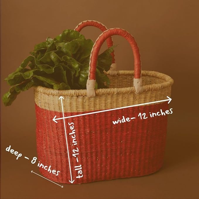 Red Block Picnic Basket, Reusable Grocery Bag, Farmers Market Tote, Shopping, Fruit Picking, Harvesting, Foraging, Kitchen Countertop, Decorative, Wicker, Woven