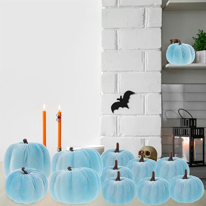 Artificial Velvet Pumpkins Fake 12Pcs Assorted Halloween Thanksgiving Handmade Autumn Centerpiece Decorating for Kitchen Table Wedding Blue