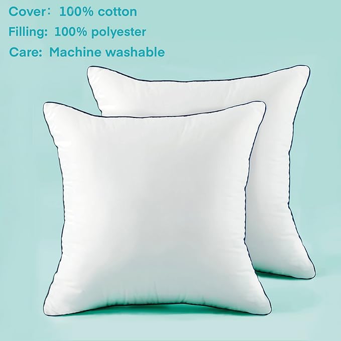 18x18 Inch Pillow Inserts Set of 2-100% Cotton Cover, Throw Pillow Inserts for Couch, Sofa, or Bed (2 Pack, 18x18 Inch)