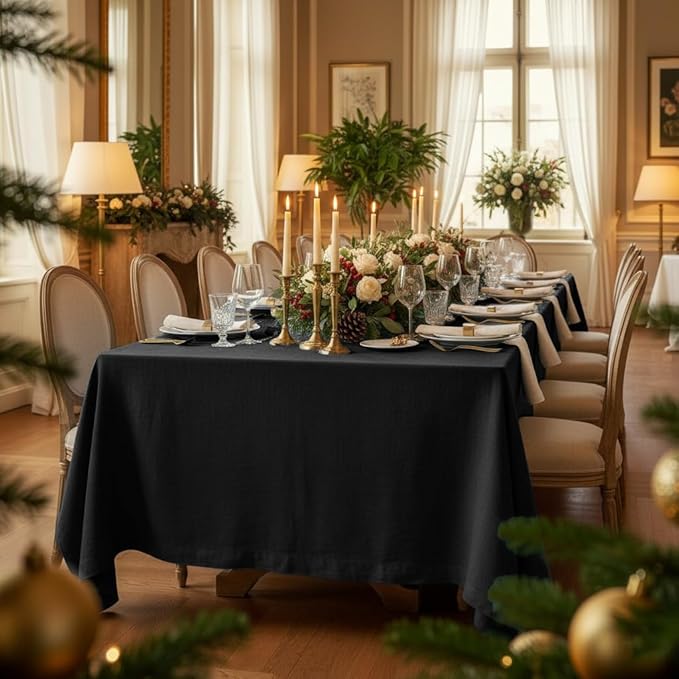 D'Moksha Homes Black Linen Tablecloth 60 x 144 Inch - 100% Pure Linen Table Cloth for Rectangle Tables - Machine Washable Tablecloth for Fall, Thanksgiving, Holiday