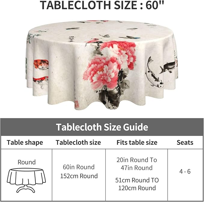 Chinese Tablecloth, Traditoanl Landscape Floral Oriental Koi Vintage Ink Painting Japanese Water Resisitant Table Cover for Dining Kitchen Living Room Home Party Holiday Decor 60 inch Round