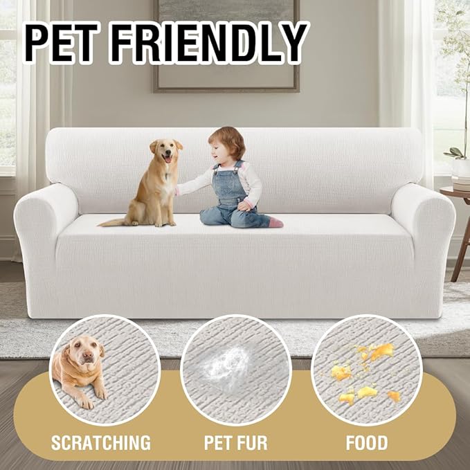H.VERSAILTEX Jacquard Sofa Slipcover with Waterproof Seat Furniture Protector 1 Piece Stretch Sofa Covers with Elastic Bottom for Kids, Pets, Dog(Sofa L, Pale Oak)