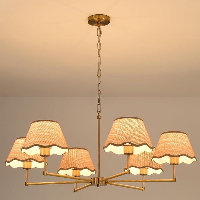6-Light Boho Rattan Chandelier 39″ Rattan Pendant Light with Hand-Woven Shade Adjustable Height Vintage Dining Room Chandelier for Kitchen Island Living Room Bedroom Foyer E26 Base