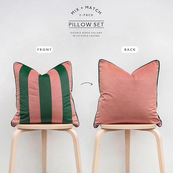 MONDAY MOOSE Decorative Throw Pillow Covers Cushion Cases, Set of 2 Soft Velvet Striped Piping Edge Designs, Pillow Inserts Not Included (Pink/Green, 20x20 inch)