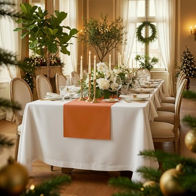 D'Moksha Homes Linen Rust Table Runner 120 Inches Long - 100% Pure Linen Dining Table Runner 14 x 120 Inch for Winter, Christmas, Holiday - Machine Washable