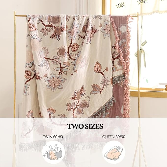 Boho Throw Blanket, 100% Cotton Ultra Soft Luxury Throw Rustic Quilt, Muslin Breathable Soft Bed Throw ，All Throw for Sofa Couch Chair 60×80 Inch