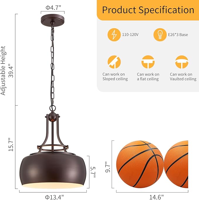 WUZUPS Chandelier Rustic Farmhouse Industrial Round Ceiling Pendant LED Light Fixture with Open Bottom Drum Shade, H 15.7" x W 13.4", Metallic Orb
