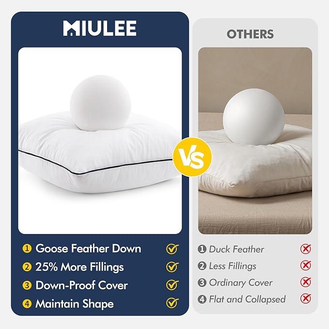 MIULEE Goose Feather Down 26x26 Euro Pillow Insert Set of 2 with 100% Down-Proof Cotton Cover, Soft Fluffy Decorative Pillow for Sofa Bed Couch Living Room White
