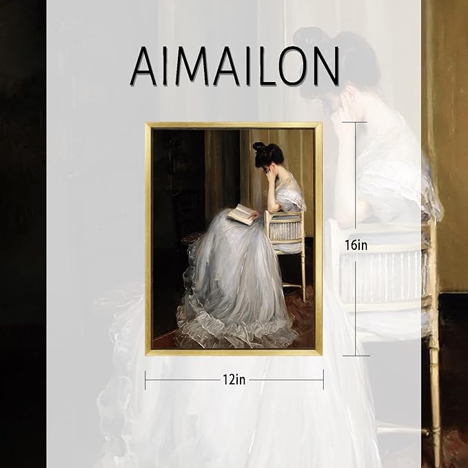 AIMAILON Vintage Gold Canvas Wall Art Framed Decor for Living Room School Elegant Reading Girl in White Dress Portrait Classical Aesthetic Artwork Home Decoration 12x16
