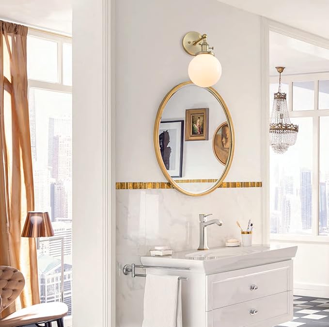 PERMO Vintage Wall Sconce Lighting Fixture with 5.9" Round Globe Milk White Glass Hand Blown Shade Hardwired Wall sconces with Switch (Antique Brass)
