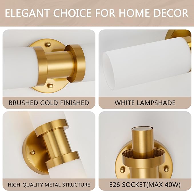 Brushed Gold Wall Sconces, 17.5 inch Modern Wall Sconces Lighting with Milk White Glass Shade, Gold Vanity Light Wall Lamp for Mirror Bathroom Kitchen Living Room
