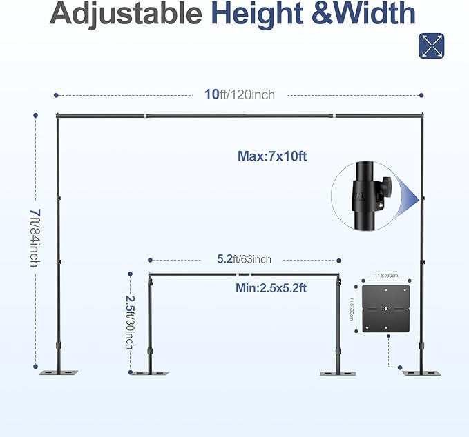 EMART Backdrop Stand,10x7ft(WxH) Adjustable Photo Background Stand with Upgrade Rod,Heavy Duty Flat Base,Metal Pipe and Drape Frame for Wedding,Birthday Party,Decorations,Photography Studio