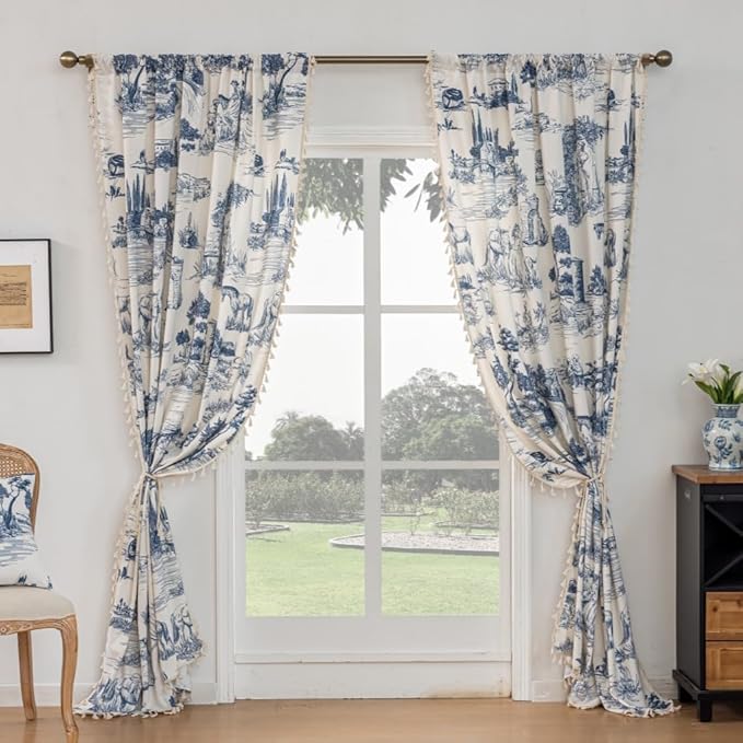F-CHU Blue Vintage Curtains 72 Inches Long for Bedroom 2 Panels Semi Blackout Farmhouse Modern Pattern on Cream White Cotton Fabric Window Treatments Drapes for Bedroom 55" W x 72" L