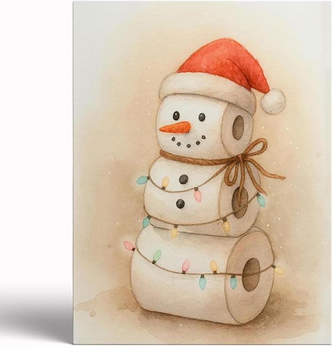 Whimsical Toilet Paper Snowman Christmas Wall Art Print,Funny Christmas Bathroom Decor,Cute Holiday Toilet Pape Snowman Painting,Toilet Poster, Rustic Winter Print