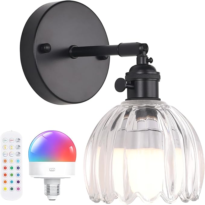 Vintage Battery Operated Wall Sconce with Cute Transparent Tulip Glass Lampshade Wireless Rechargeable Battery Powered Black Wall Light with Remote Control for Bedside Bedroom Doorway