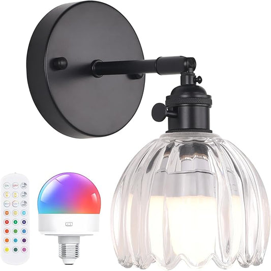 Vintage Battery Operated Wall Sconce with Cute Transparent Tulip Glass Lampshade Wireless Rechargeable Battery Powered Black Wall Light with Remote Control for Bedside Bedroom Doorway