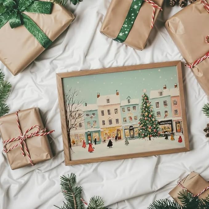 OZCONO Snowy Christmas Village Art Print for Winter Home Decor, Festive Holiday Town Scene Wall Art, Farmhouse Christmas Decoration, Cozy Seasonal Interior Artwork (Unframed) (20x30)