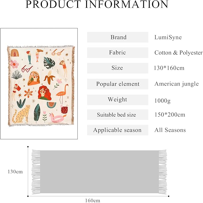Double-Sided Cotton Woven Throw Blanket with Tassel Jungle Bohemian Style Tapestry Shawl Multi-Function Decorative Throws for Sofa Bed Armchair Camping Blanket Tablecloth Carpet 160x130cm