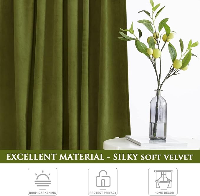StangH Olive Green Curtains - Super Soft Velvet Room Darkening Drapes 90 inches Back Tab Home Decoration for Living Dining Room/Nursery Bedroom, W52 x L90, 2 Panels