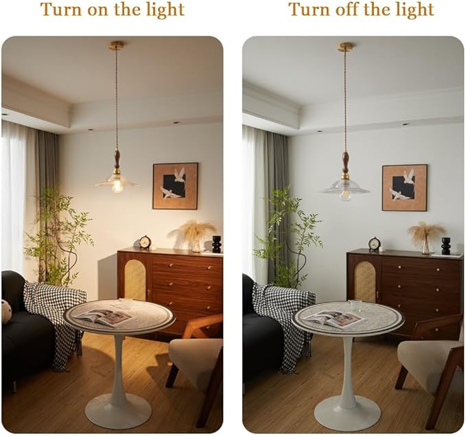 French Clear Disc Glass Hanging Lamp Vintage Wood Decorate Hanging Light 7.9in Golden Metal Base Hanging Lights with E26/E27 Base for Kitchen Home Island Bedroom