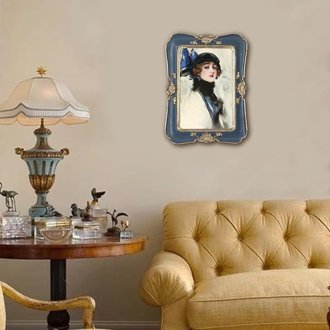WINPLUS+ Vintage Picture Frame 5x7, Wall Mount and Tabletop Display, Art Gallery Gift (Blue and Gold 5x7)