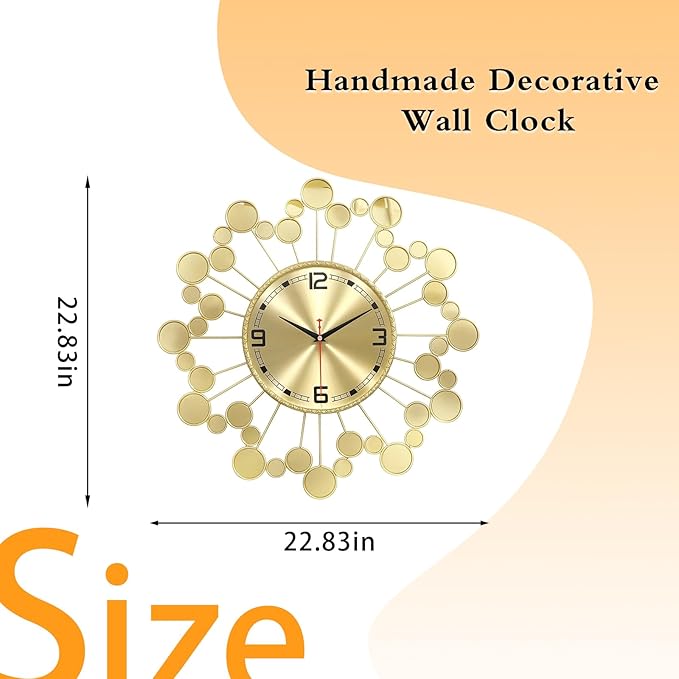 Gold 23" Wall Clock Decor Silent Battery Operated, Modern Metal Decorative Clock for Living Room Bedroom Office
