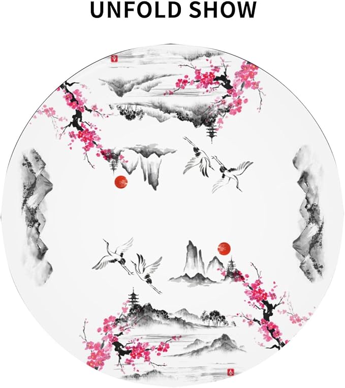 Japanese Tablecloth, Traditional Vintage Landscape Oriental Crane Temple Chinoiserie Water Resisitant Wipeable Table Cover for Dining Kitchen Living Room Home Party Holiday Decor 60 inch Round