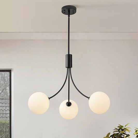 3-Light Modern Farmhouse Black Chandeliers for Entryway, Mid Century Milk Globe Sputnik Chandelier, Vintage Pendant Lighting for Kitchen Island Dining Room Foyer Bedroom Bathroom
