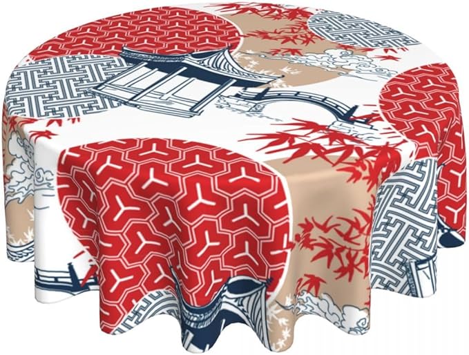 Japanese Tablecloth, Traditioanal Chinese Landscape Oriental Vintage Eastern Water Resisitant Wipeable Table Cover for Dining Kitchen Living Room Home Party Holiday Decor 70 inch Round